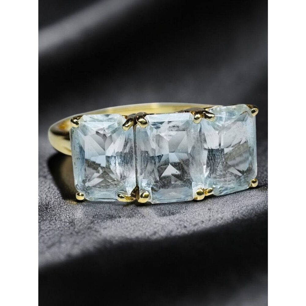 Vintage- 14K Gold- Aquamarine Ring- sz 10.25 -Emerald Cut-3CT- Three Stone -2.4g